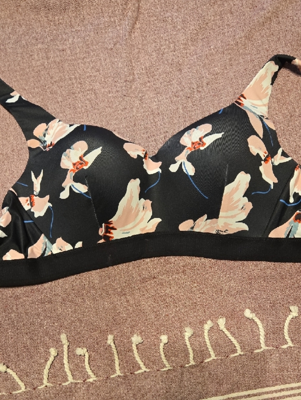 Floral Black & Peach Wireless Bra - Unbranded